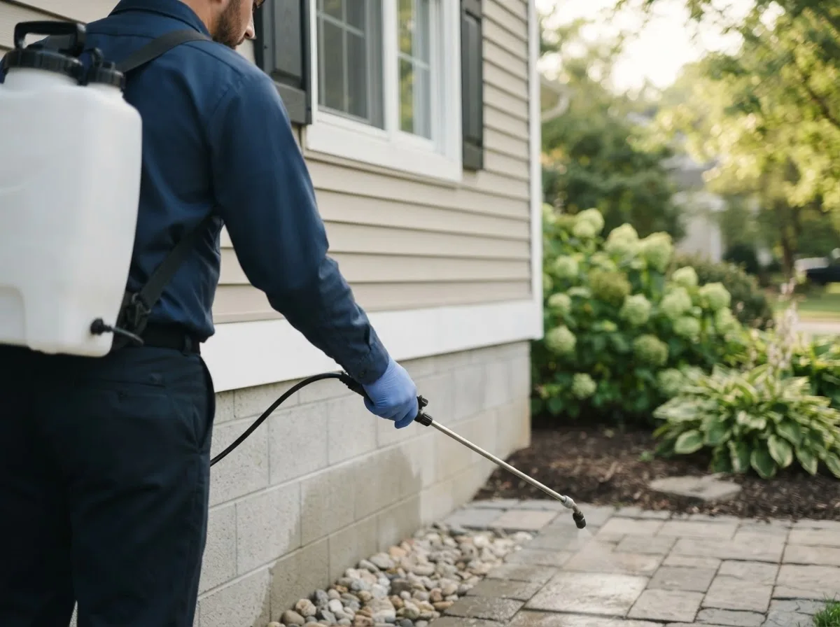 Pest control technician inspecting a home in Toluca, IL